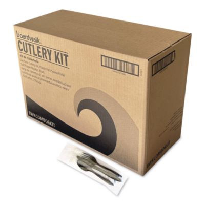 Six-Piece Cutlery Kit, Mediumweight, Fork/Knife/Napkin/Pepper/Salt/Spoon, 5.86", Plastic, Black, 250/Carton