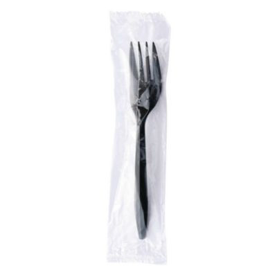 Mediumweight Wrapped Polypropylene Cutlery, Fork, Plastic, Black, 1,000/Carton