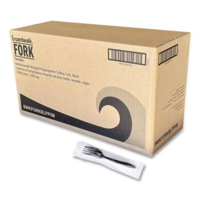 Mediumweight Wrapped Polypropylene Cutlery, Fork, Plastic, Black, 1,000/Carton