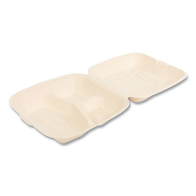 Bagasse Pfas-Free Food Containers, 3 Compartments, 9 x 3.19 x 9, Tan, Sugarcane, 200/Carton