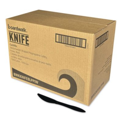 Mediumweight Wrapped Polypropylene Cutlery, Knife, Plastic, Black, 1,000/Carton