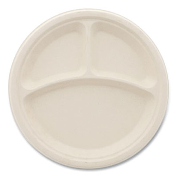 Bagasse Pfas-Free Dinnerware, 3-Compartment Plate, Sugarcane, 10" Dia, Tan, 500/Carton