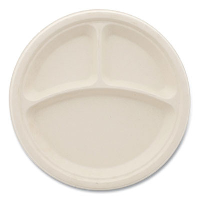 Bagasse Pfas-Free Dinnerware, 3-Compartment Plate, Sugarcane, 10" Dia, Tan, 500/Carton