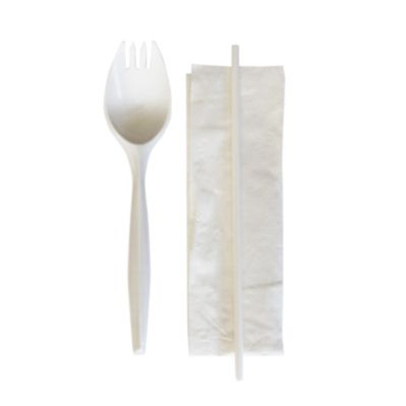 School Cutlery Kit, Mediumweight, Napkin/Spork/Straw, 5.31", Plastic, White, 1,000/Carton