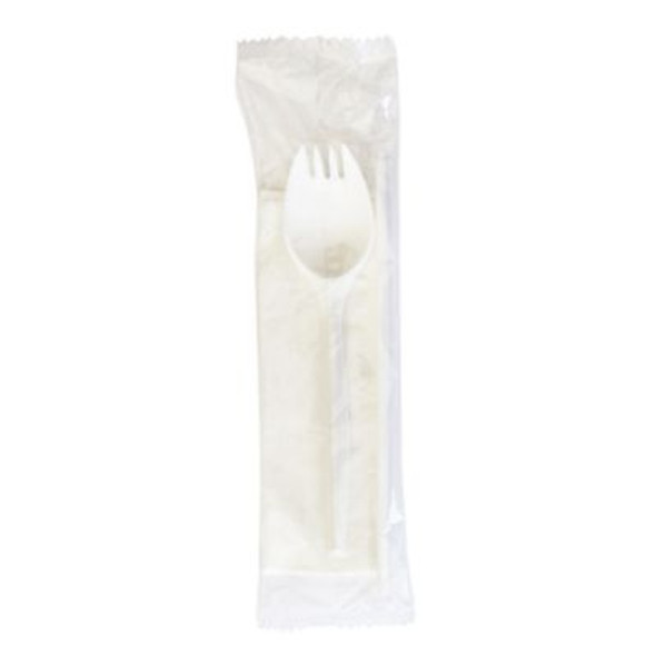 School Cutlery Kit, Mediumweight, Napkin/Spork/Straw, 5.31", Plastic, White, 1,000/Carton