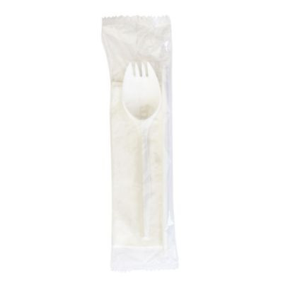 School Cutlery Kit, Mediumweight, Napkin/Spork/Straw, 5.31", Plastic, White, 1,000/Carton