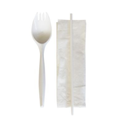 School Cutlery Kit, Mediumweight, Napkin/Spork/Straw, 5.31", Plastic, White, 1,000/Carton