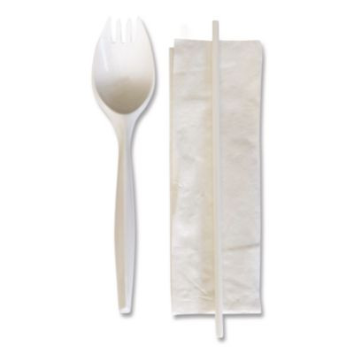 School Cutlery Kit, Mediumweight, Napkin/Spork/Straw, 5.31", Plastic, White, 1,000/Carton