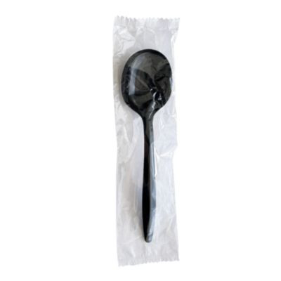 Mediumweight Wrapped Polypropylene Cutlery, Soup Spoon, Plastic, Black, 1,000/Carton