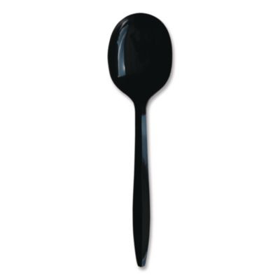 Mediumweight Wrapped Polypropylene Cutlery, Soup Spoon, Plastic, Black, 1,000/Carton