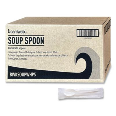 Heavyweight Wrapped Polystyrene Cutlery, Soup Spoon, Plastic, White, 1,000/Carton