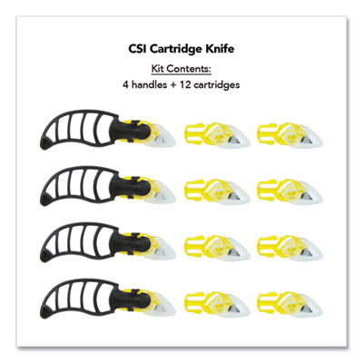 X-Trasafe Cartridge Knife Kit, Four Assembled Knives, 8 Replacement Blade Cartridges, Yellow