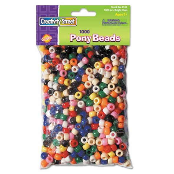 Pony Beads, Plastic, 0.24" x 0.35", Assorted Primary Colors, 1,000/Pack
