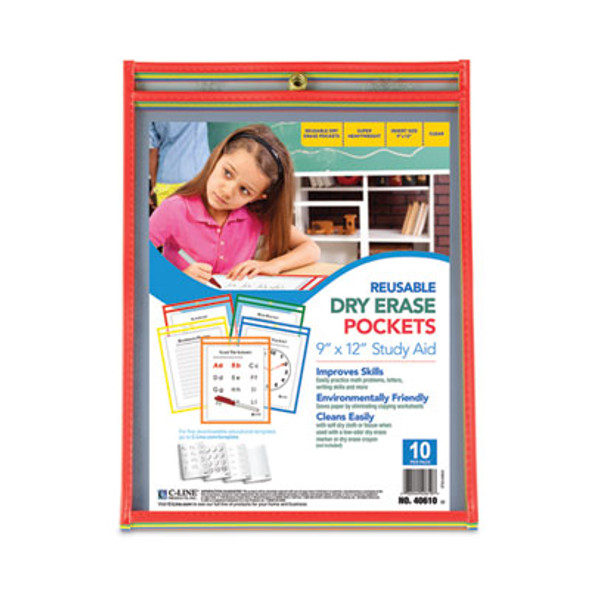 Reusable Dry Erase Pockets, Super Heavy-Duty, Top Load 9 x 12 Insert, Clear Front, Assorted Border Colors, 10/Pack