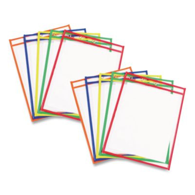 Reusable Dry Erase Pockets, Super Heavy-Duty, Top Load 9 x 12 Insert, Clear Front, Assorted Border Colors, 10/Pack