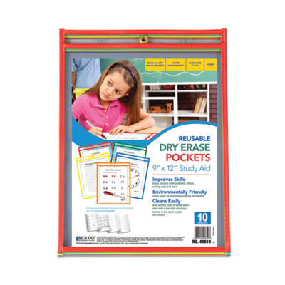 Reusable Dry Erase Pockets, Super Heavy-Duty, Top Load 9 x 12 Insert, Clear Front, Assorted Border Colors, 10/Pack
