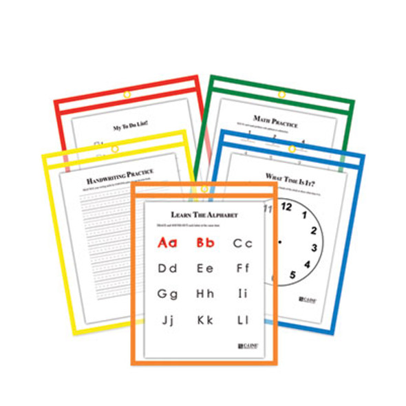 Reusable Dry Erase Pockets, Super Heavy-Duty, Top Load 9 x 12 Insert, Clear Front, Assorted Border Colors, 25/Box