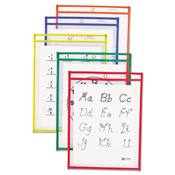 Reusable Dry Erase Pockets, Super Heavy-Duty, Top Load 9 x 12 Insert, Clear Front, Assorted Border Colors, 5/Pack