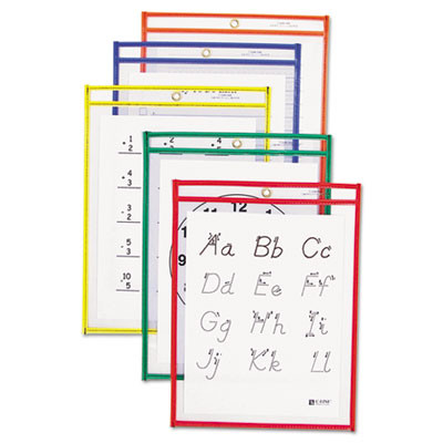 Reusable Dry Erase Pockets, Super Heavy-Duty, Top Load 9 x 12 Insert, Clear Front, Assorted Border Colors, 5/Pack