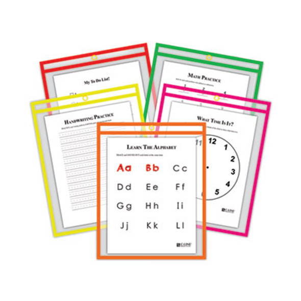Reusable Dry Erase Pockets, Super Heavy-Duty, Top Load 9 x 12 Insert, Clear Front, Assorted Neon Border, 25/Box