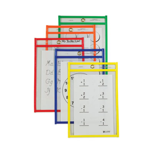 Reusable Dry Erase Pockets, Super Heavy-Duty, Top Load 6 x 9 Insert, Clear Front, Assorted Border Colors, 10/Pack