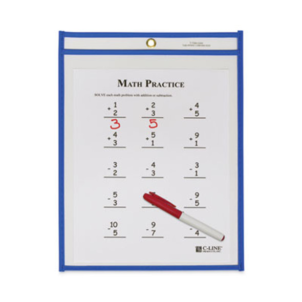 Stitched Shop Ticket Holders, Super Heavy-Duty, Top Load 9 x 12 Insert, Clear Front, Blue Border, 15/Box
