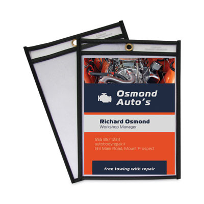 Stitched Shop Ticket Holders, Super Heavy-Duty, Top Load 6 x 9 Insert, Clear Front, Black Border, 25/Box