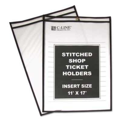 Stitched Shop Ticket Holders, Super Heavy-Duty, Top Load 11 x 17 Insert, Clear Front, Black Border, 25/Box
