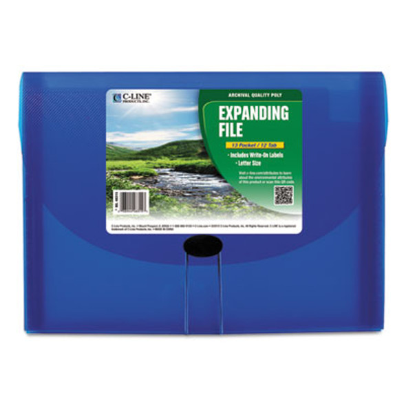 Expanding Files, 1.63" Expansion, 13 Sections, Cord/Hook Closure, 1/6-Cut Tabs, Letter Size, Blue