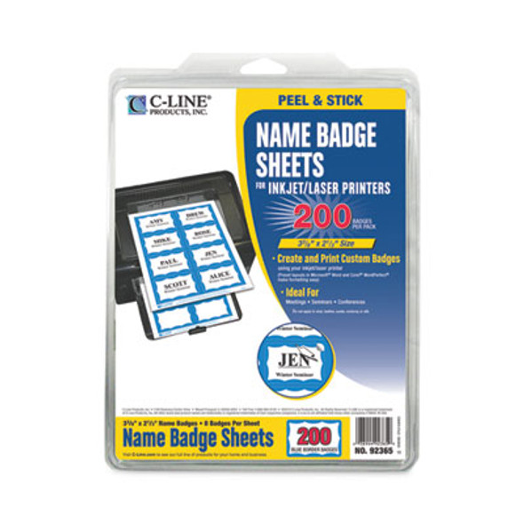 Laser Printer Name Badges, 3 3/8 X 2 1/3, White/Blue, 200/Box