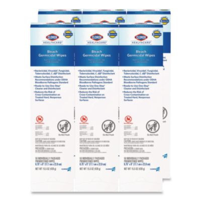 Bleach Germicidal Wipes, Individual Wipes, 1-Ply, 6.75 x 9, Unscented, White, 50/Box, 6 Boxes/Carton