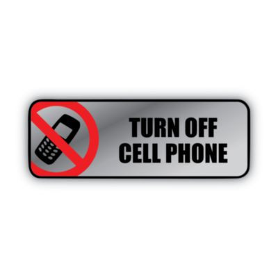 Brushed Metal Office Sign, Turn Off Cell Phone, 9 X 3, Silver/Red