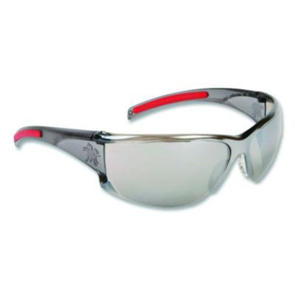 Hk1 Series Safety Glasses, Wraparound, Scratch-Resistant, Silver Mirror Lens, Smoke/Red Frame