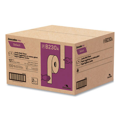 Select Jumbo Bath Tissue, Septic Safe, 2-Ply, 3.3" x 750 Ft, White, 12 Rolls/Carton