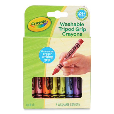 Washable Tripod Grip Crayons, Regular Size, 8 Assorted Colors, 8/Box