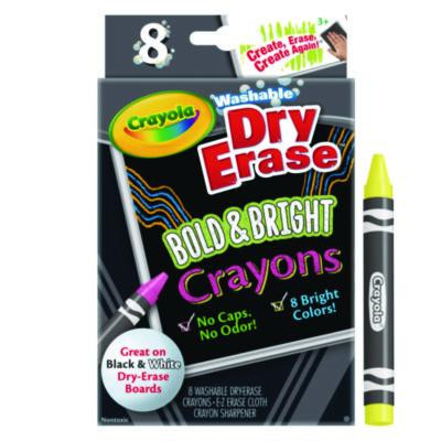 Washable Dry Erase Crayons With Built-In Sharpener And E-Z Erase Cloth, Large Size, 0.44 x 4, 8 Assorted Bright Colors, 8/Box