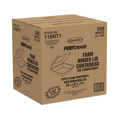 Hinged Lid Carryout Container, 9.5 x 10.33 x 3.5, White, Foam, 100/Bag, 2 Bags/Carton