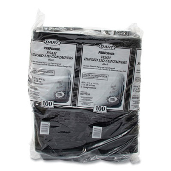 Insulated Foam Hinged Lid Containers, 3 Compartments, 7.96 x 3.2 x 8.36, Black, 200/Carton