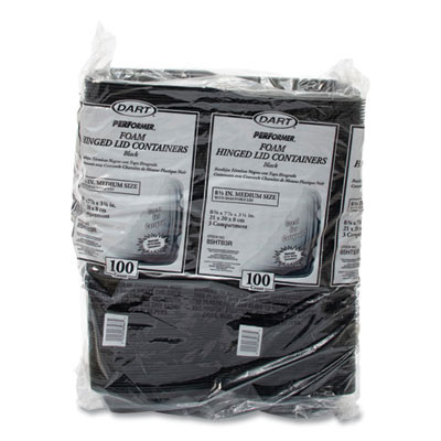Insulated Foam Hinged Lid Containers, 3 Compartments, 7.96 x 3.2 x 8.36, Black, 200/Carton