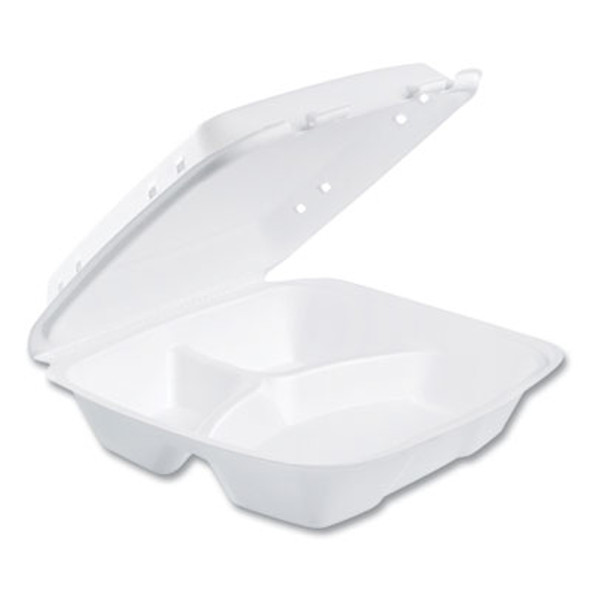 Insulated Foam Hinged Lid Containers, 3 Compartments, 9.01 x 9.4 x 3.1, White, 200/Carton
