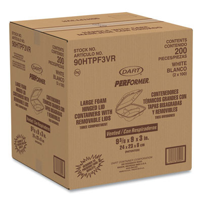 Insulated Foam Hinged Lid Containers, 3 Compartments, 9.01 x 9.4 x 3.1, White, 200/Carton