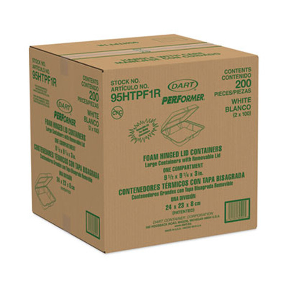 Foam Hinged Lid Container, Performer Perforated Lid, 9.3 X 9.5 X 3, White, 100/Bag, 2 Bag/Carton