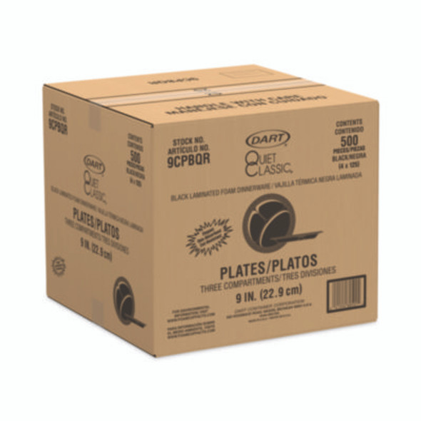 Quiet Classic Laminated Foam Dinnerware, 3-Compartment Plate, 9" Dia, Black, 125/Sleeve, 4 Sleeves/Carton