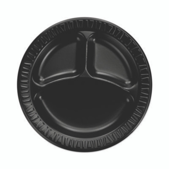 Quiet Classic Laminated Foam Dinnerware, 3-Compartment Plate, 9" Dia, Black, 125/Sleeve, 4 Sleeves/Carton