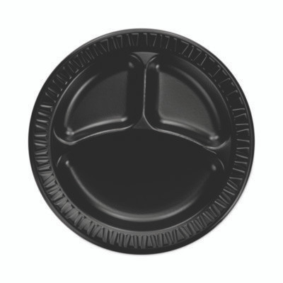 Quiet Classic Laminated Foam Dinnerware, 3-Compartment Plate, 9" Dia, Black, 125/Sleeve, 4 Sleeves/Carton
