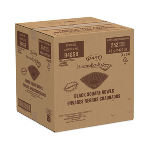 Presentabowls Pro Black Square Bowls, 48 Oz, 8.5 x 8.5 x 2.6, Plastic, 63/Bag, 4 Bags/Carton