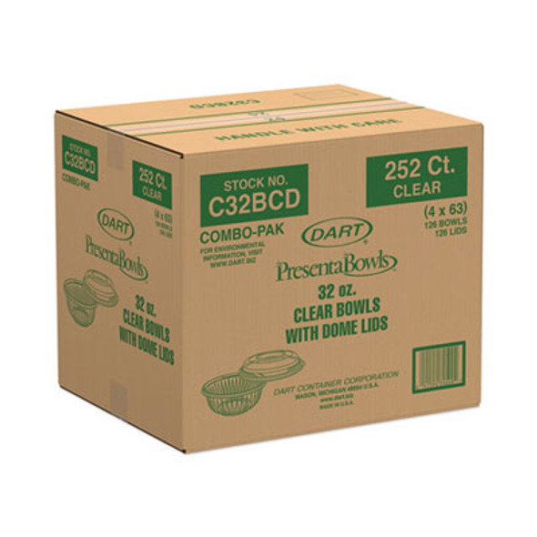 Presentabowls Bowl/Lid Combo-Paks, 32 Oz, Clear, Plastic, 63/Pack, 4 Pack/Carton