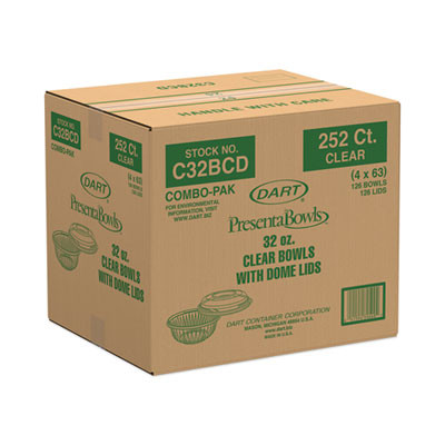 Presentabowls Bowl/Lid Combo-Paks, 32 Oz, Clear, Plastic, 63/Pack, 4 Pack/Carton