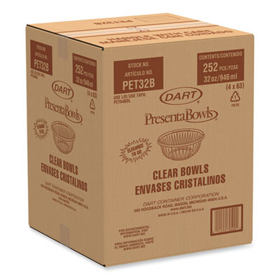 Presentabowls Clear Bowls, 32 Oz, Plastic, 63/Bag, 4 Bags/Carton, 252 Bowls/Carton