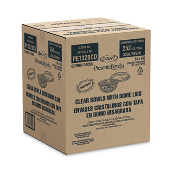 Presentabowls Bowl/Lid Combo-Paks, 32 Oz, 7.25" Diameter x 2.88" h, Clear, Plastic, 63/Pack, 2 Pack/Carton